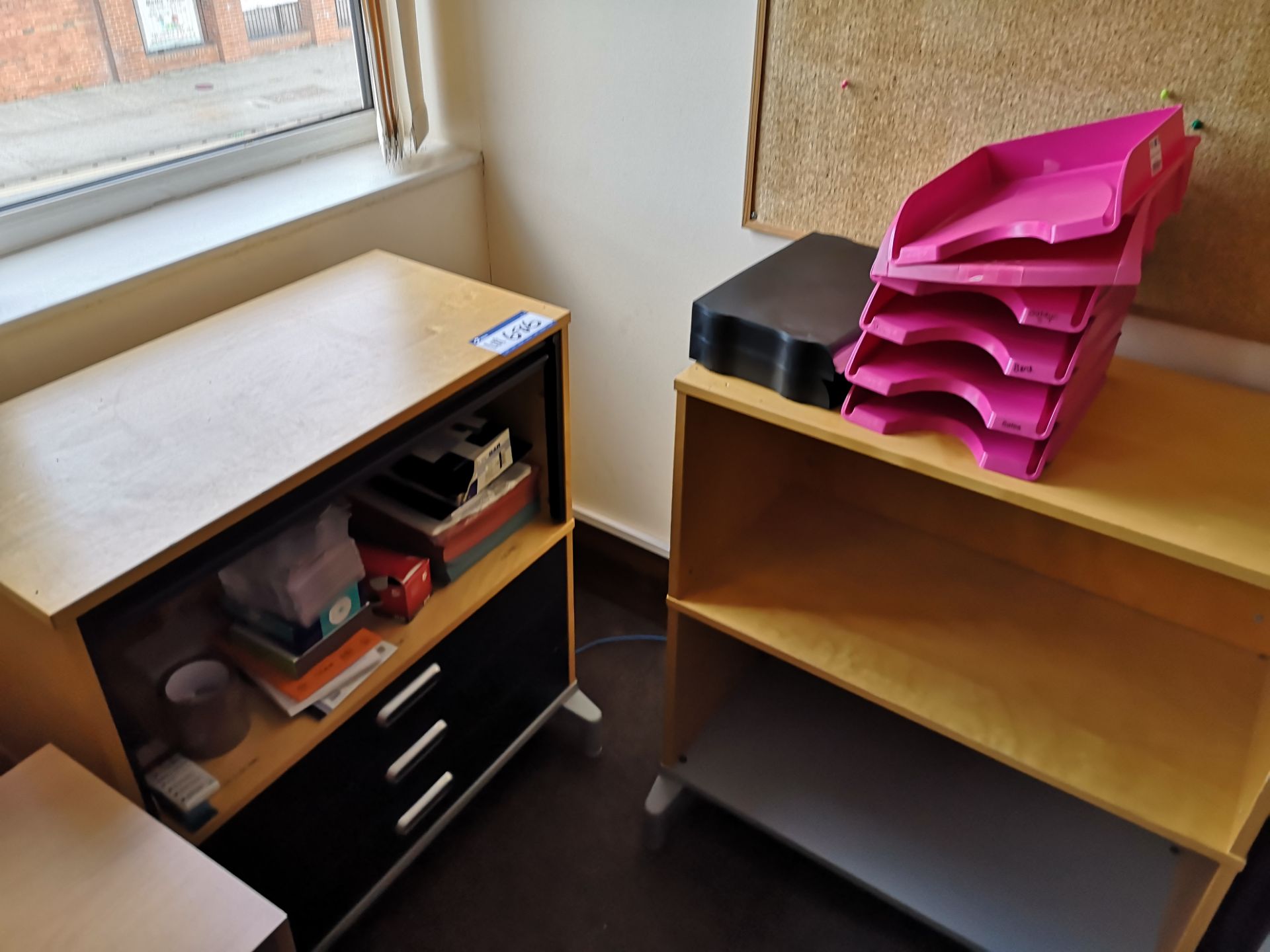 Two Light Oak Veneered Two Tier Shelving Units, on