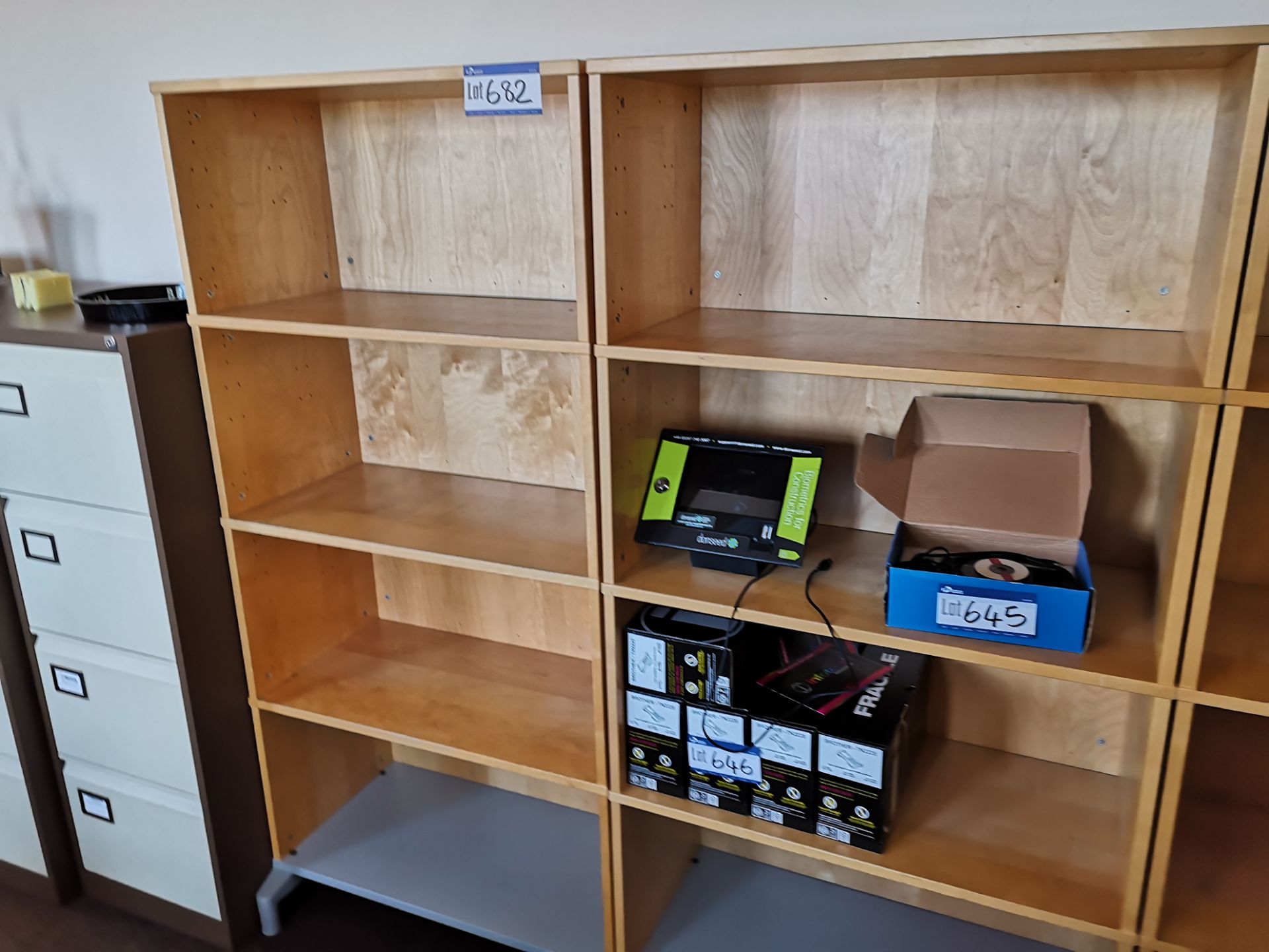 Two Light Oak Veneered Four Tier Shelving Units (L