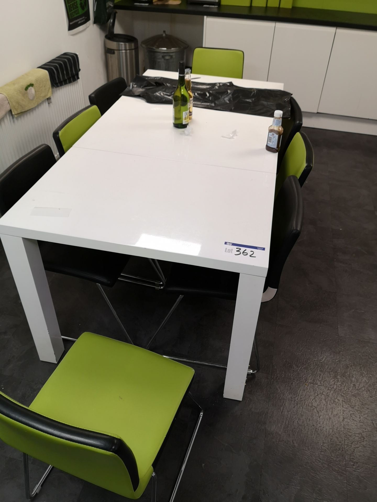 White Dining Table, with four black leather effect