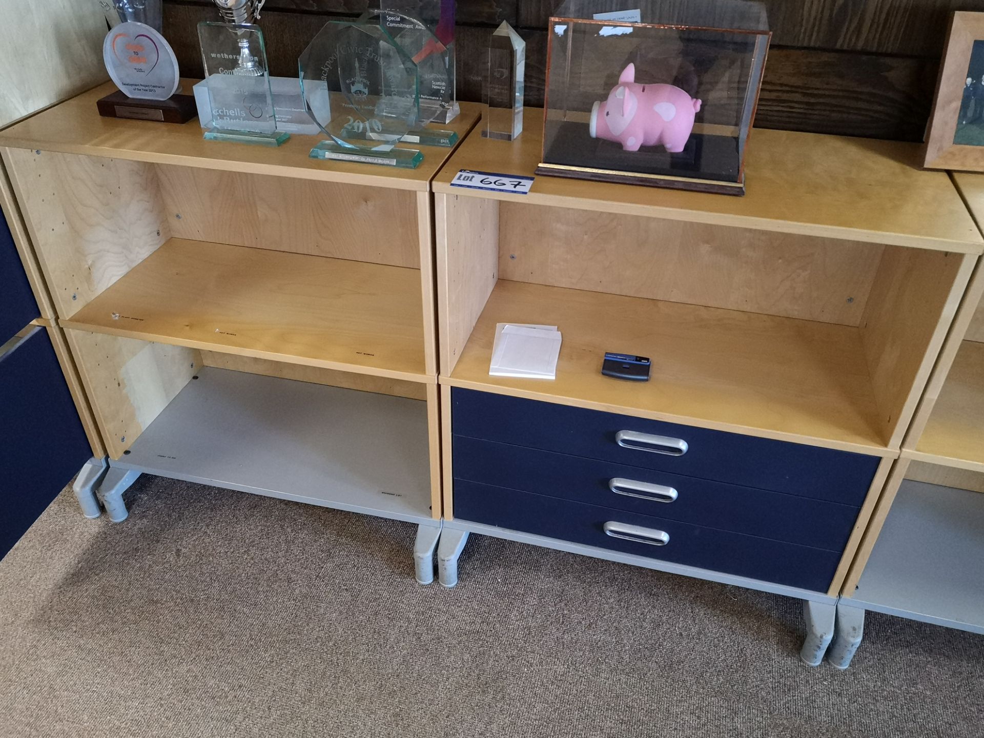 Two Light Oak Veneered Two Tier Shelving Units, wi