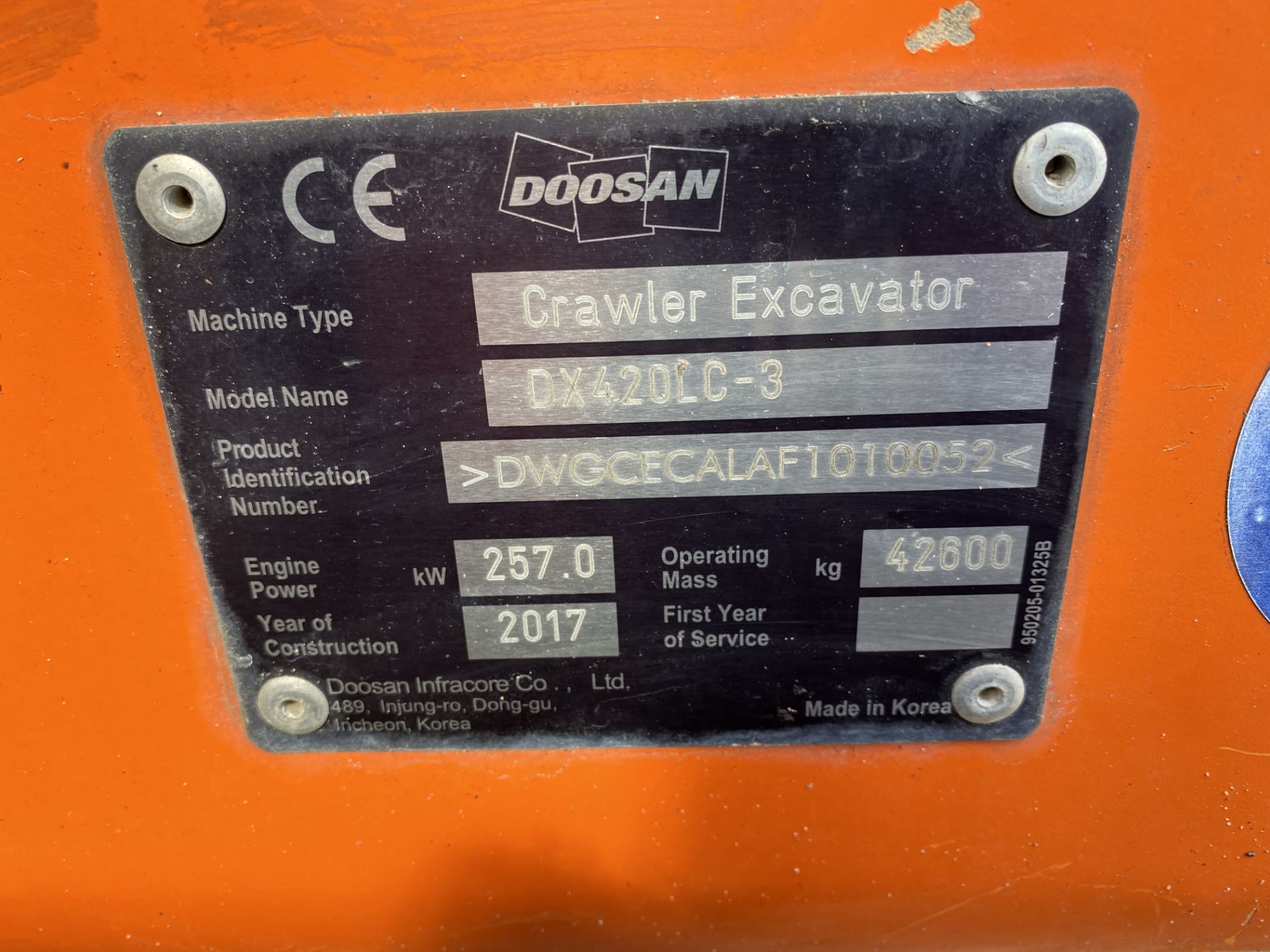 Doosan DX420LC-3 CRAWLER EXCAVATOR, PIN. DWGCECALA - Image 6 of 6