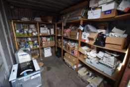 Assorted Electrical Consumables and Stock, on timber shelves, including electric cable, light