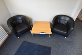 Two Leather Upholstered Bucket Chairs, with occasional table