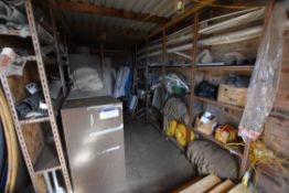Loose content of Storage Unit 3, with angle steel racking, filing cabinets and consumables