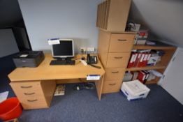 Four Drawer Filing Cabinet, desk, filing pedestal and bookcase, (reserve removal until contents