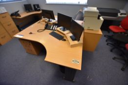 Three Curved Front Cantilever Framed Desks, two drawer filing cabinet and two pedestals