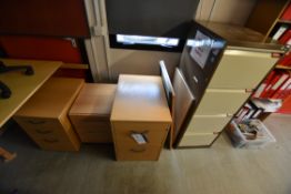 Three Drawer Pedestals, two noticeboards and four drawer steel filing cabinet