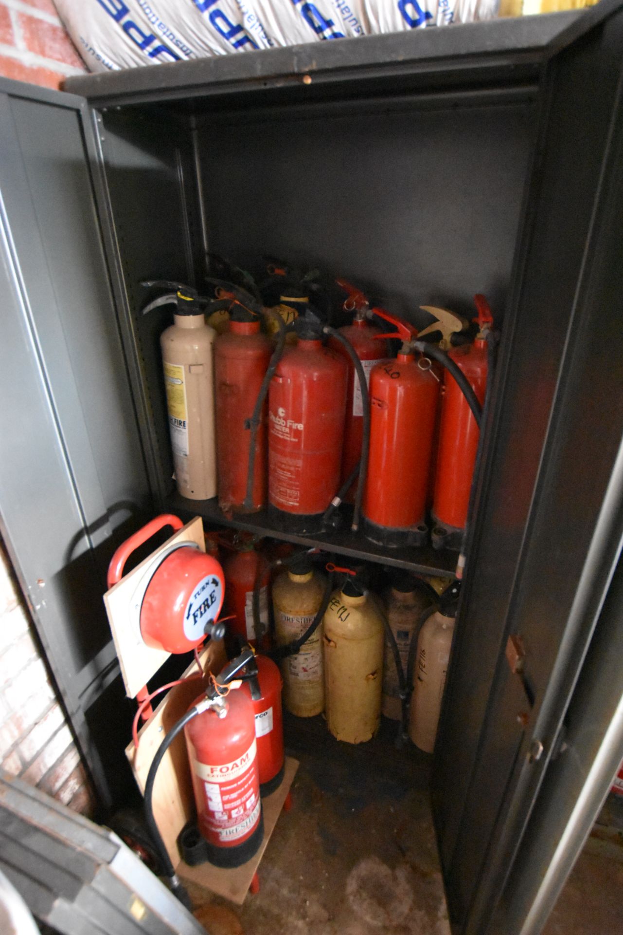 Three double door steel cabinets with contents, including fire extinguishers, and fire - Image 2 of 4