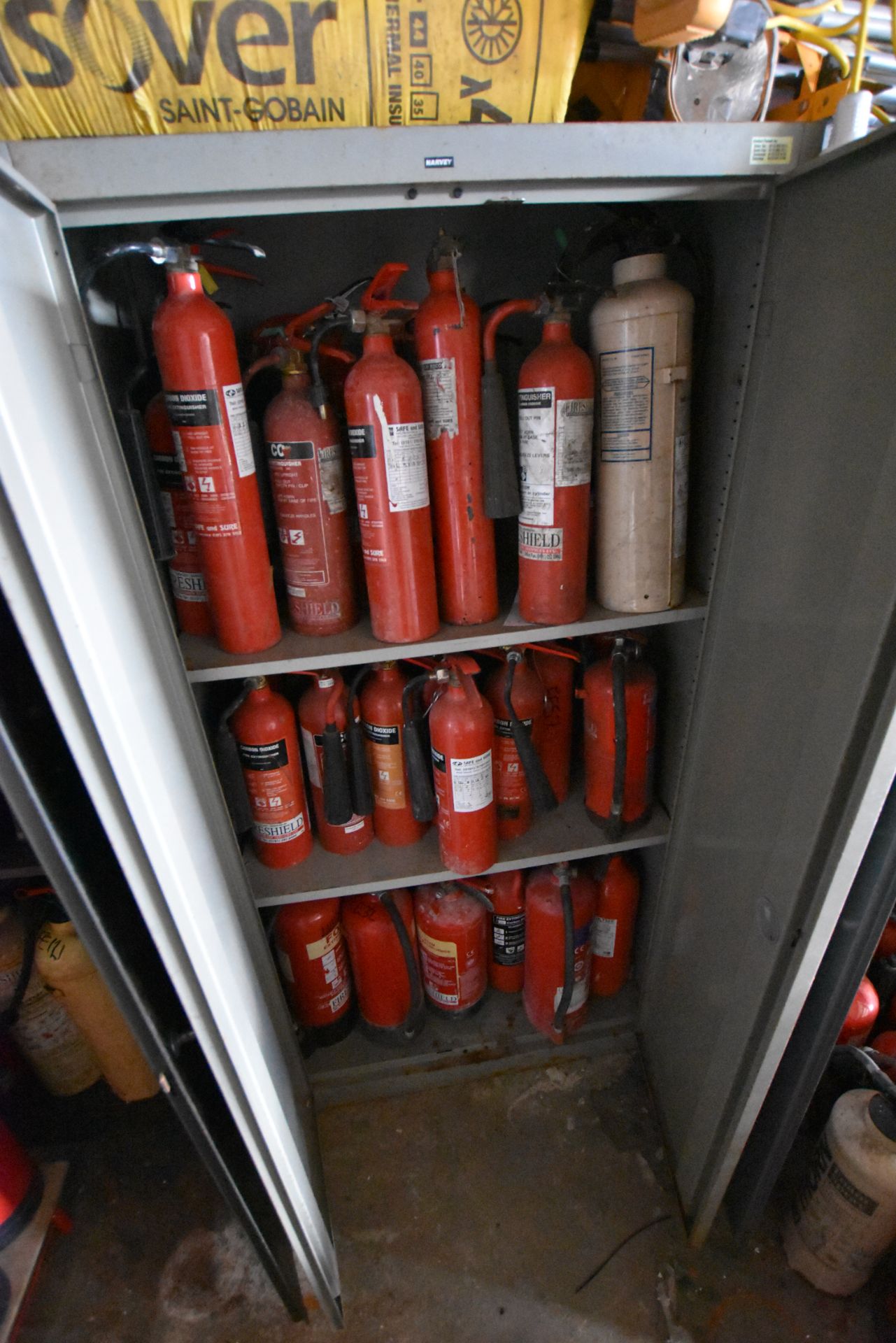 Three double door steel cabinets with contents, including fire extinguishers, and fire - Image 3 of 4