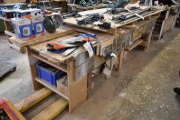 Timber Bench, approx. 3.3m long, fitted joiners vice, with timber cupboard and contents excluding