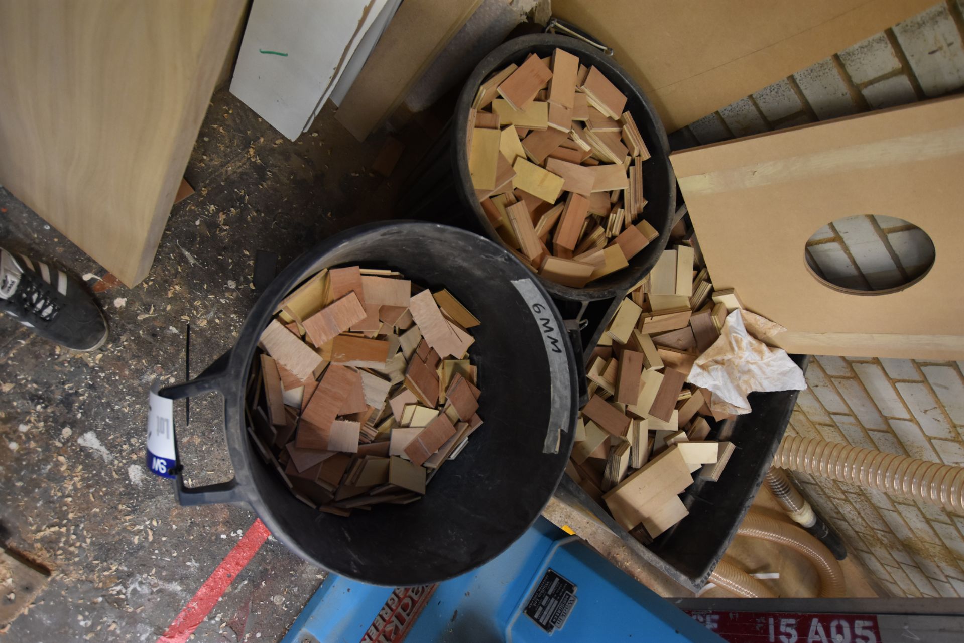 Plywood Offcuts, with three plastic bins