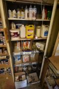 Assorted Silicones, adhesives and paints, with steel double door cupboard, all must be cleared