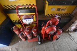 Two Fire Extinguisher Trolleys, each fitted fire alarm bell and fire extinguishers, as set out