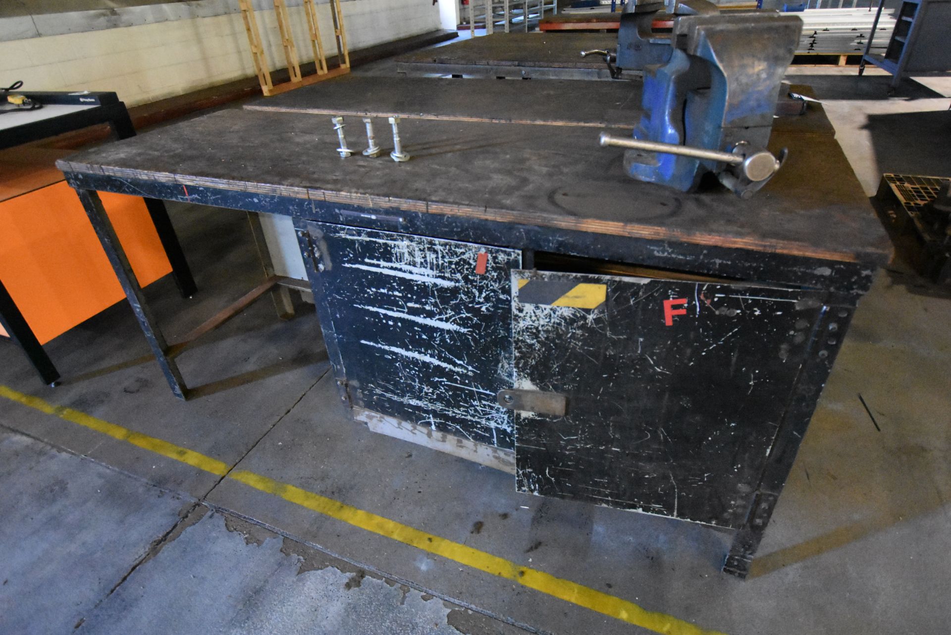 Steel Framed Timber Topped Workbench, approx. 1830