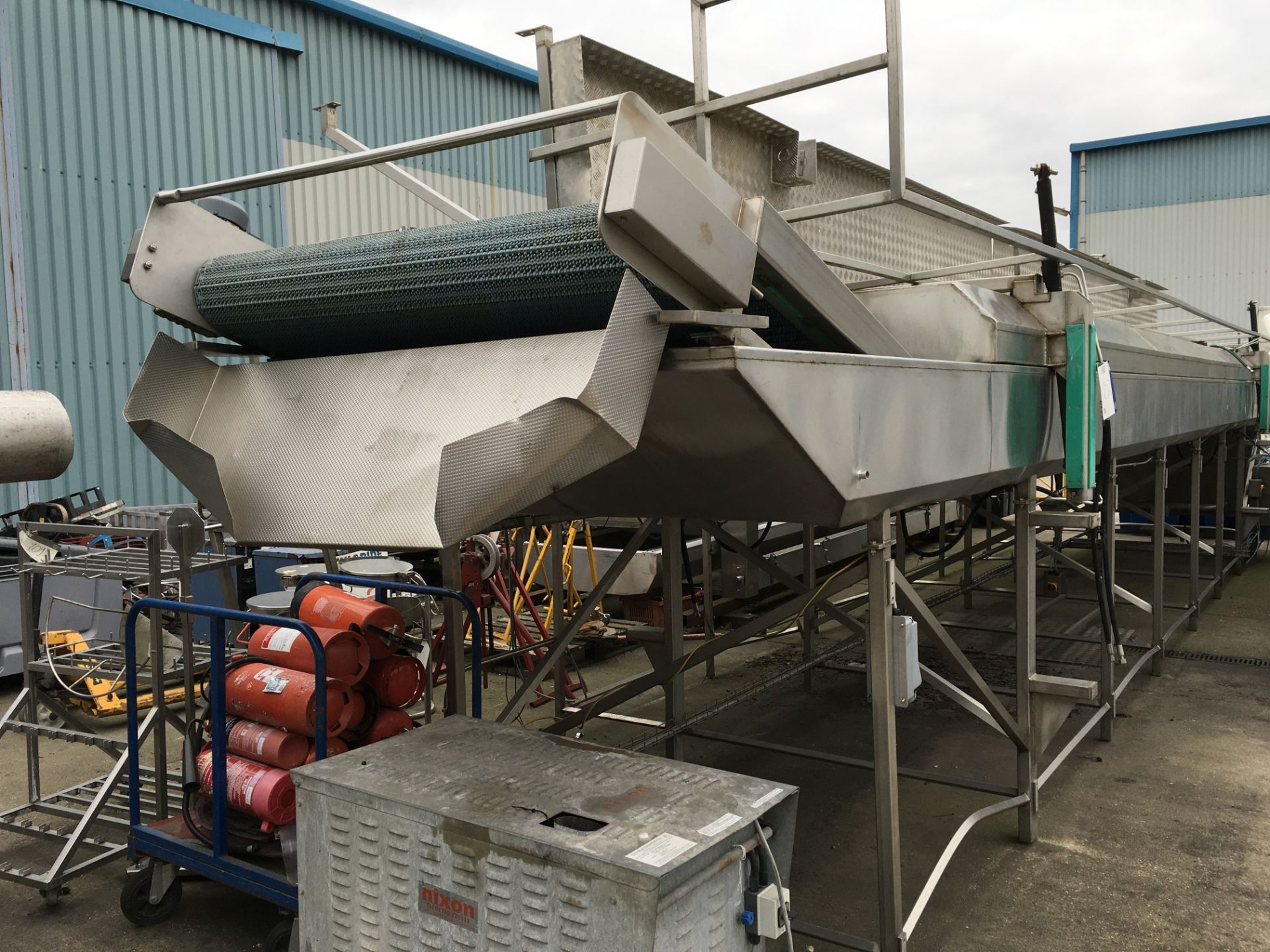 Cooling Conveyor, with gantry, approx. 7300mm long x 1500mm wide on belt x 2200mm high, £300 lift