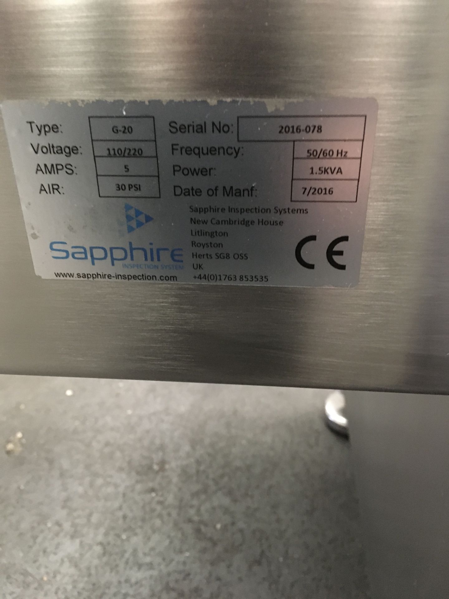 Sapphire Inspection Series X-ray Machine, serial no. 2016-078, year of manufacture 2016, left to - Image 4 of 8