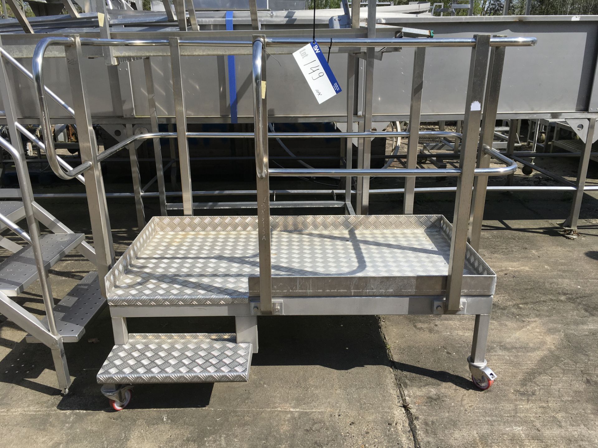 Mobile Stainless Steel Platform, approx. 1800mm long x 1200mm wide x 1650mm high, £50 lift out