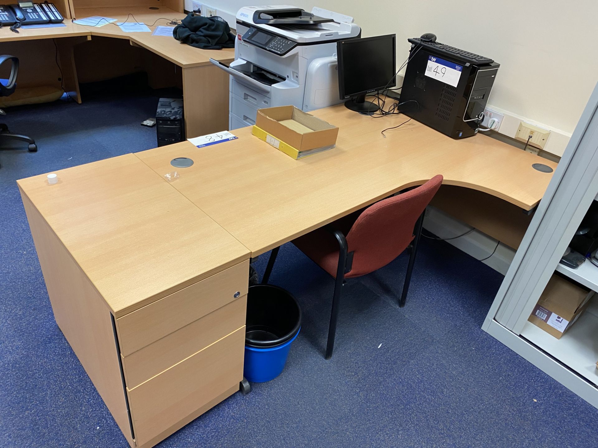 Light Oak Veneered Curved Front Cantilever Framed Desk, with desk pedestal and fabric upholstered