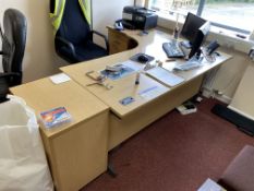 Light Oak Veneered Curved Front Cantilever Framed Desk, with two desk pedestals, two swivel