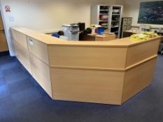 Light Oak Veneered Multi-Section Reception Desk, approx. 4.3m x. 1.9m x 1.1m high overall, with desk