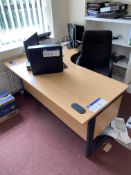 Light Oak Veneered Curved Front Cantilever Framed Desk, with desk pedestal and fabric upholstered