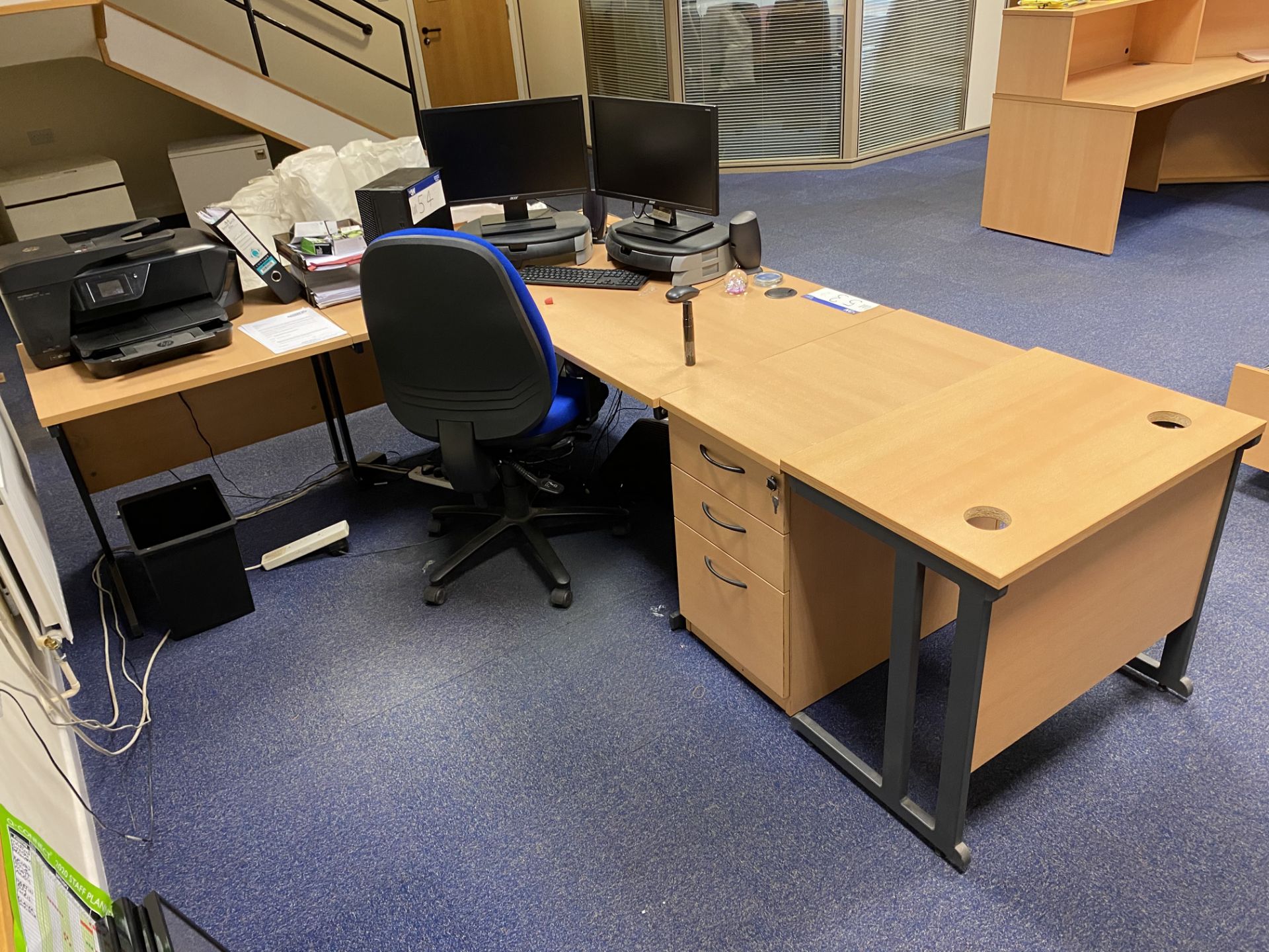 Light Oak Veneered Curved Front Cantilever Framed Desk, with two extension tables, desk pedestal and