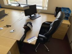 Light Oak Veneered Curved Front Cantilever Framed Desk, with desk pedestal, leather effect swivel