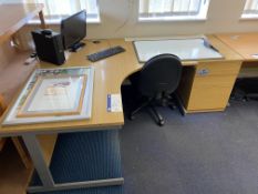 Light Oak Veneered Curved Front Cantilever Framed Desk, with desk pedestal and fabric upholstered