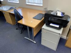 Light Oak Veneered Curved Front Cantilever Framed Desk, with fabric upholstered swivel chair and two