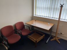 Light Oak Veneered Cantilever Framed Desk, with table stand, two fabric upholstered stand chairs and