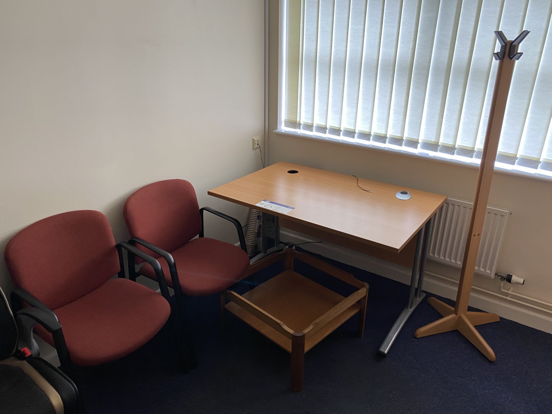 Light Oak Veneered Cantilever Framed Desk, with table stand, two fabric upholstered stand chairs and