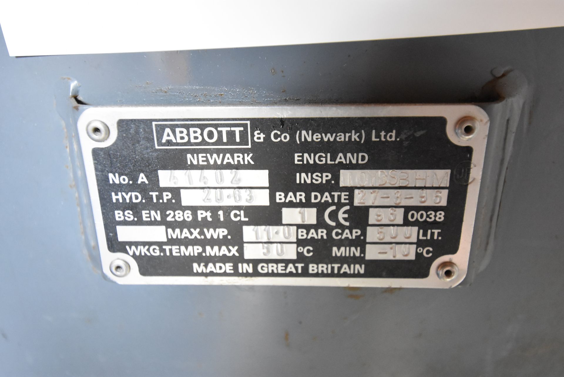 Abbott 500 litre Vertical Welded Steel Air Receive - Image 2 of 2