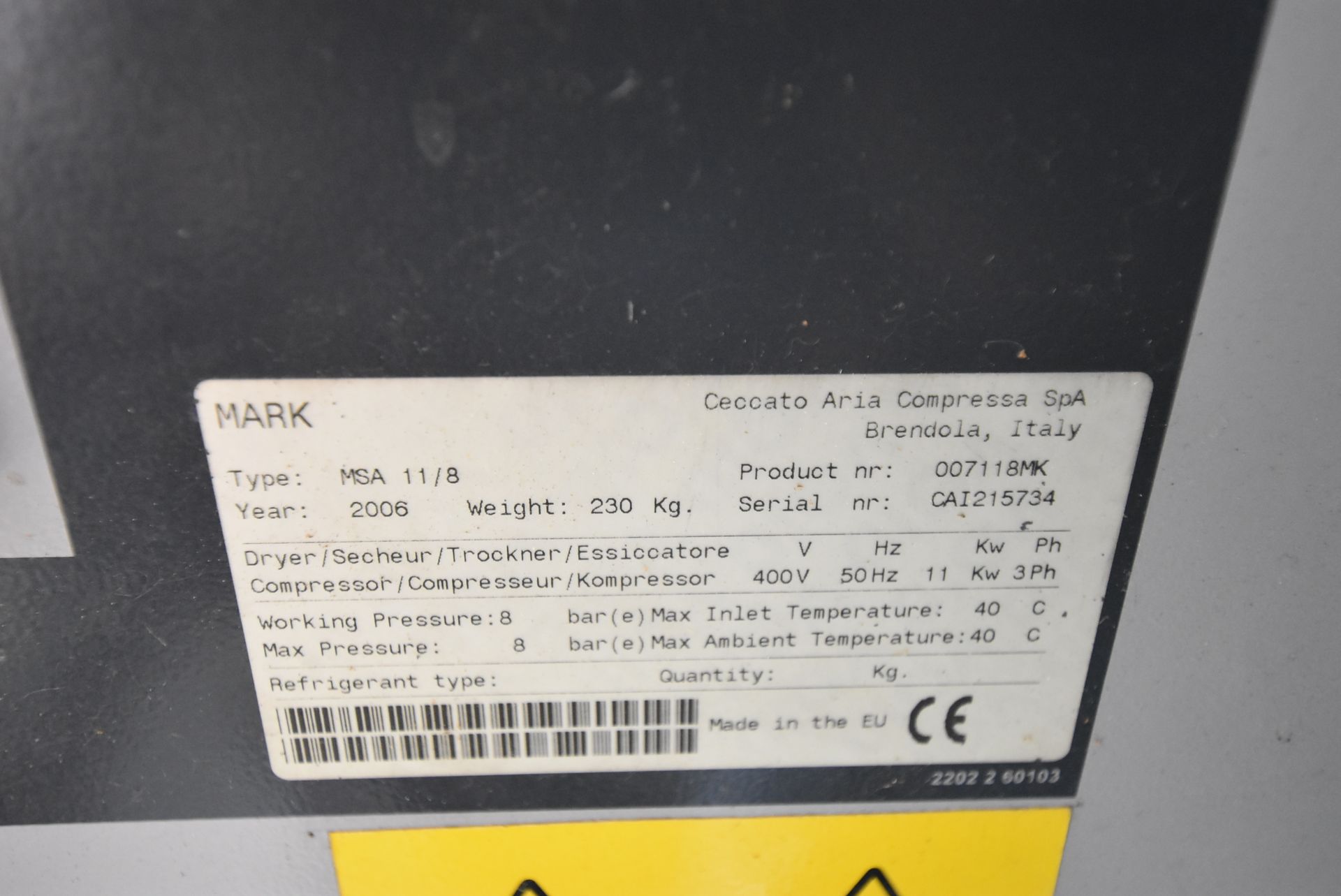 Mark MSA 11kW 8 BAR PACKAGE AIR COMPRESSOR, serial - Image 3 of 4