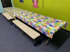 Two Foldable Contour Tables, each approx. 2.4m x 800mm, with four steel framed plastic top benches
