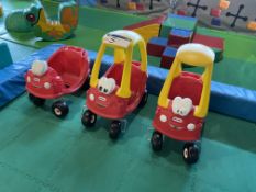 Assorted Little Tykes Children’s Toys including Slide, Three Ride In Cars and Bouncer Chair, as