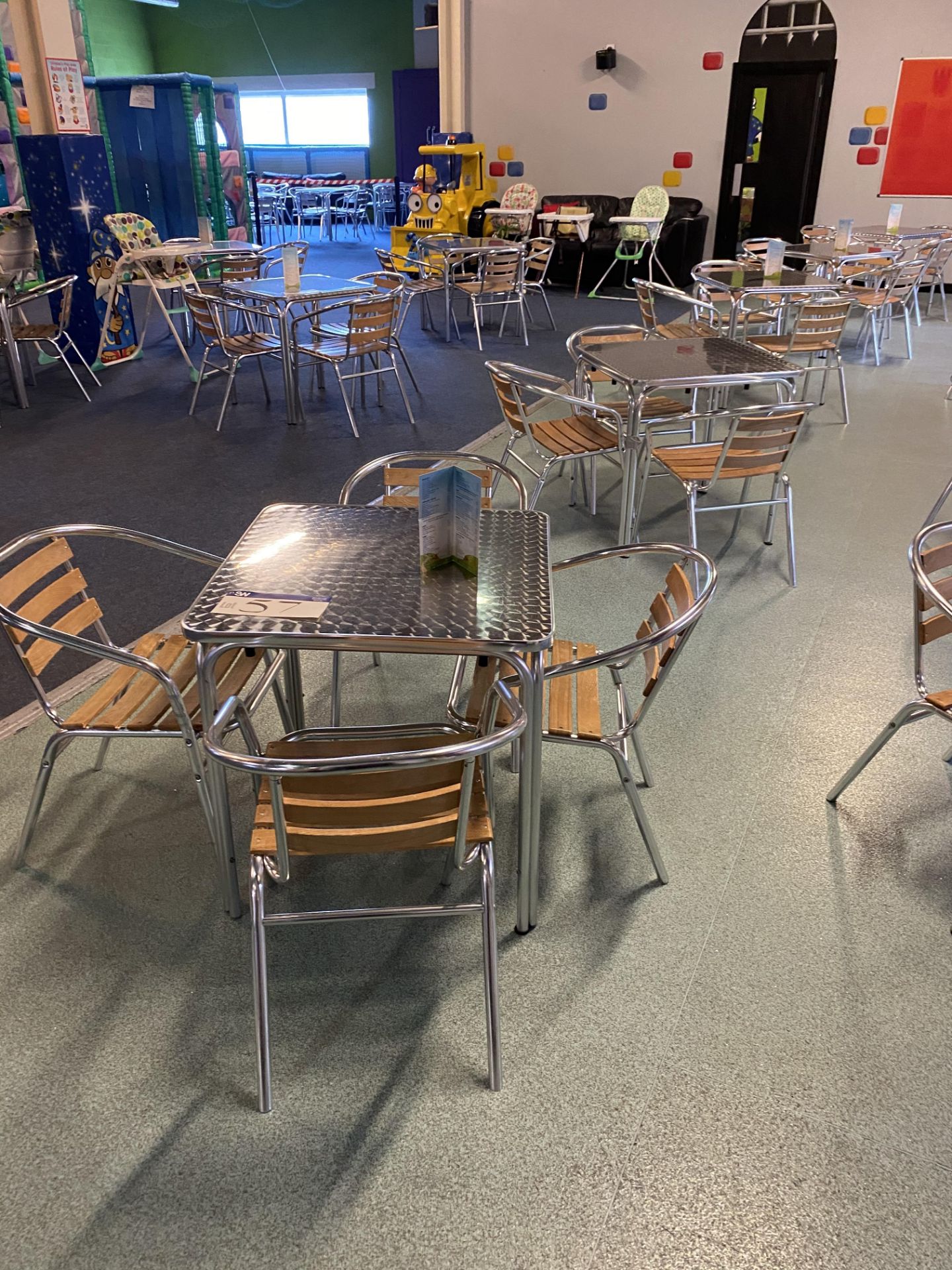 Five Square Aluminium Bistro Tables, with 18 Aluminium Curved Back Dining Chairs