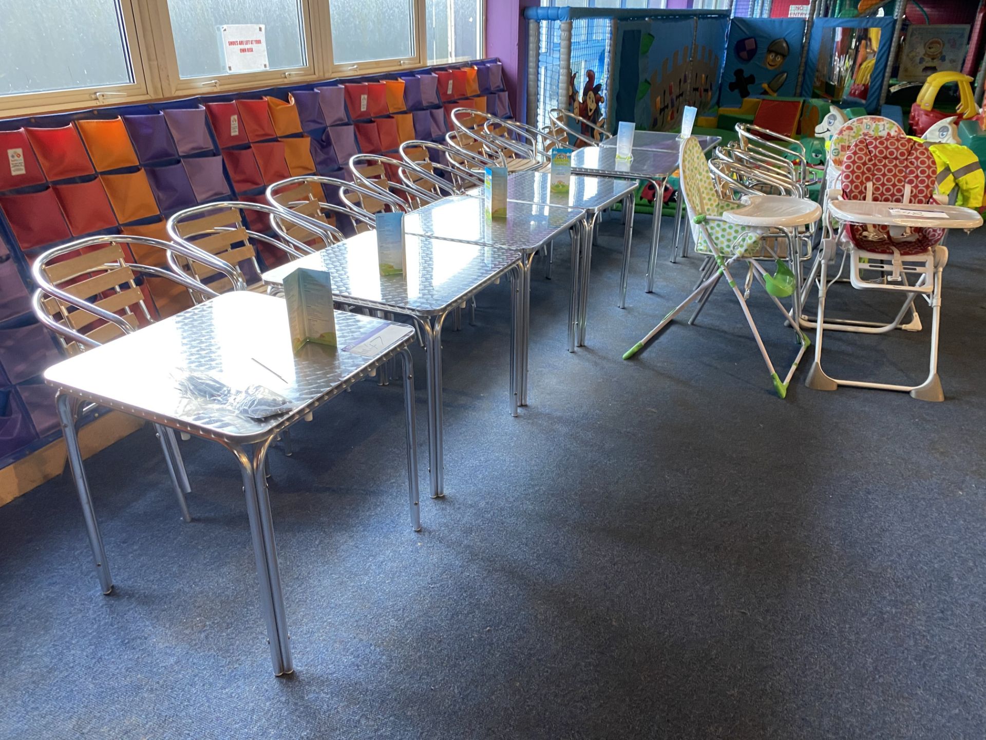 Seven Square Aluminium Bistro Tables, with 23 Aluminium Curved Back Dining Chairs