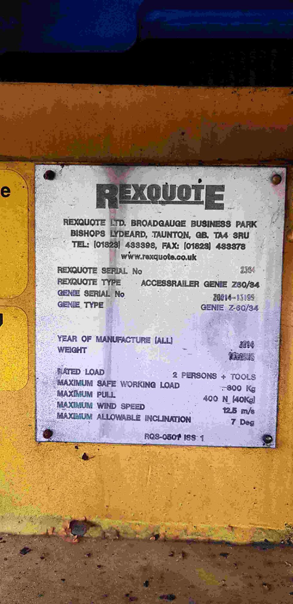 Rexquote Genie Z-60/34 300kg TWO MAN BASKET WHEELED RAIL MEWP ACCESS RAILER, serial no. Z0014-13199, - Image 2 of 3