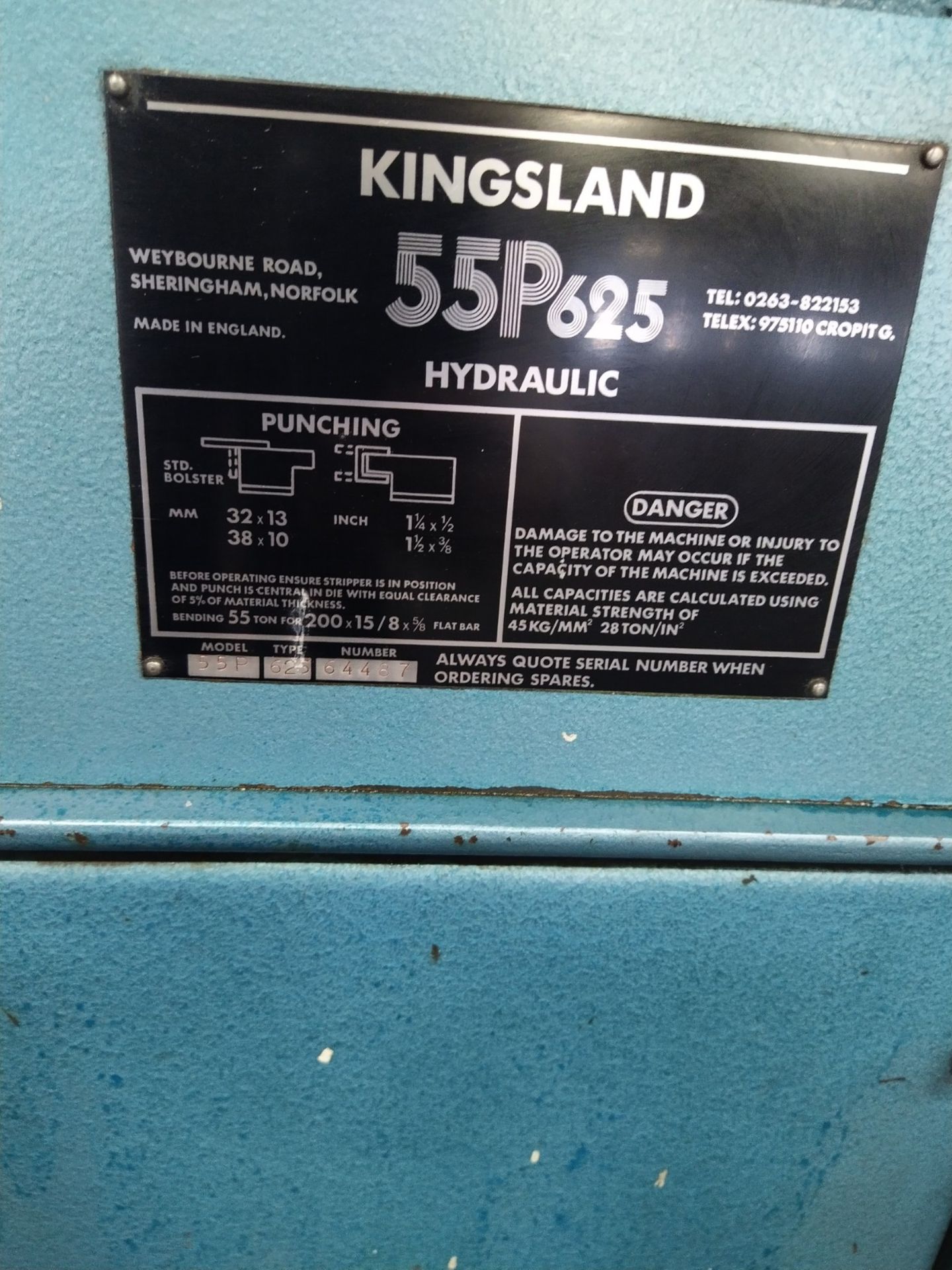 Kingsland 55 P 625 Hydraulic Punching Machine, serial no. 64487, free loading onto purchasers - Image 7 of 7