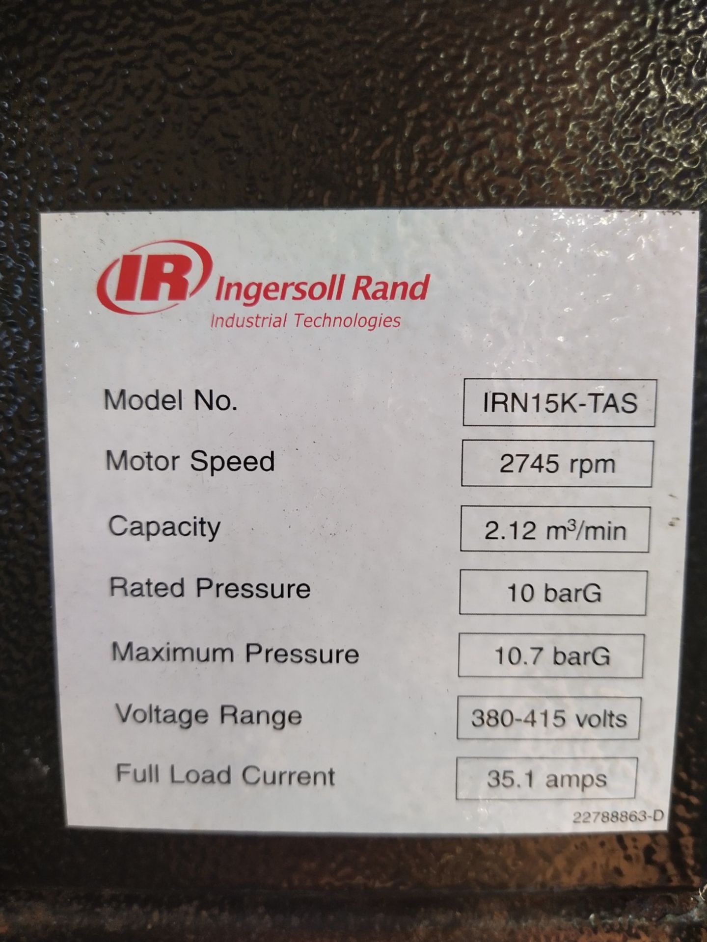 Ingersoll Rand IRN15K-TAS MOUNTED ROTARY SCREW AIR COMPRESSOR & DRYER, 500 litre, CFM: 41.0 - 87. - Image 4 of 5