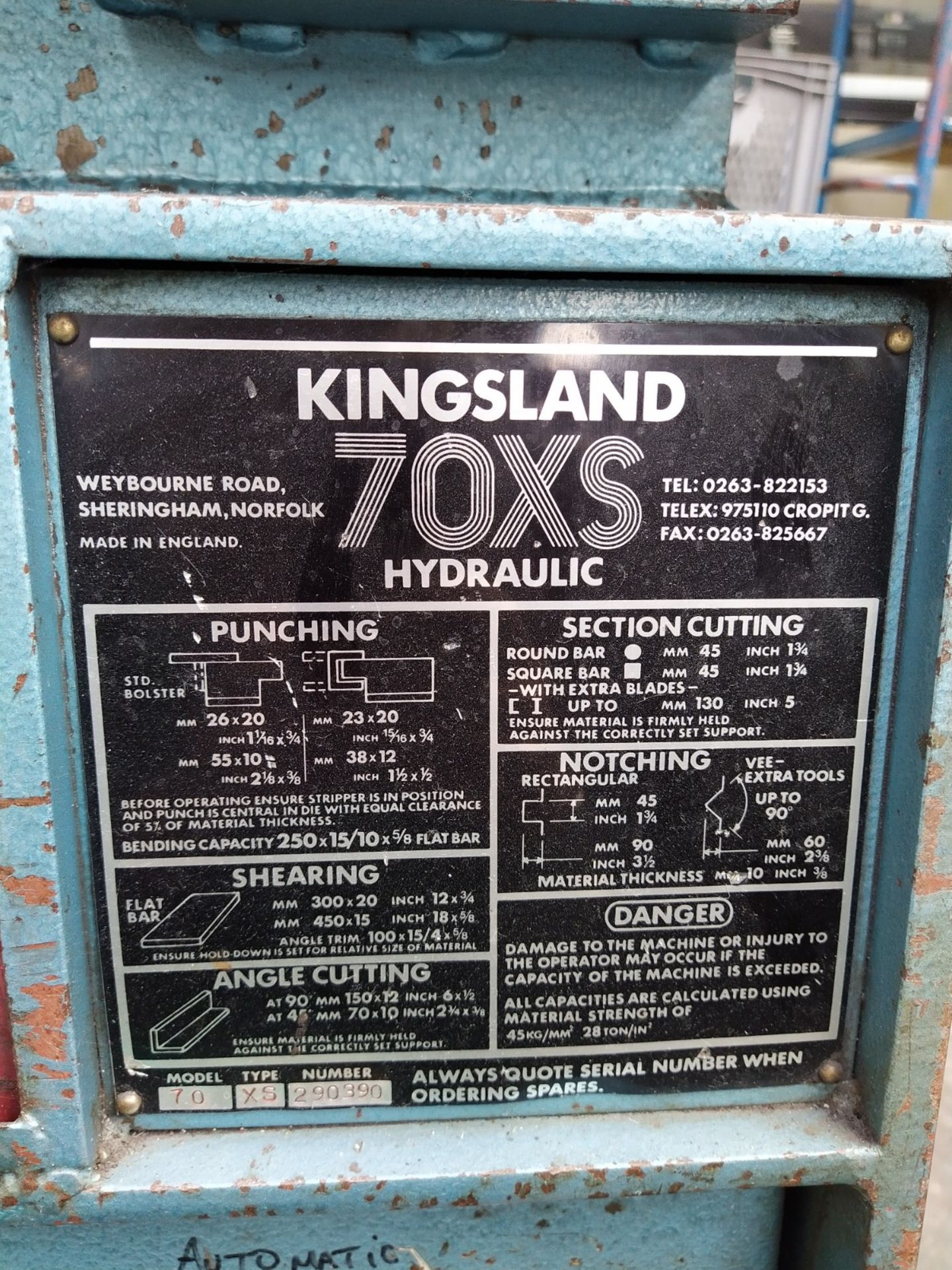 Kingsland 70XS HYDRAULIC IRONWORKER, with twotreadle controls dual operator, serial no. 290390, - Image 7 of 7