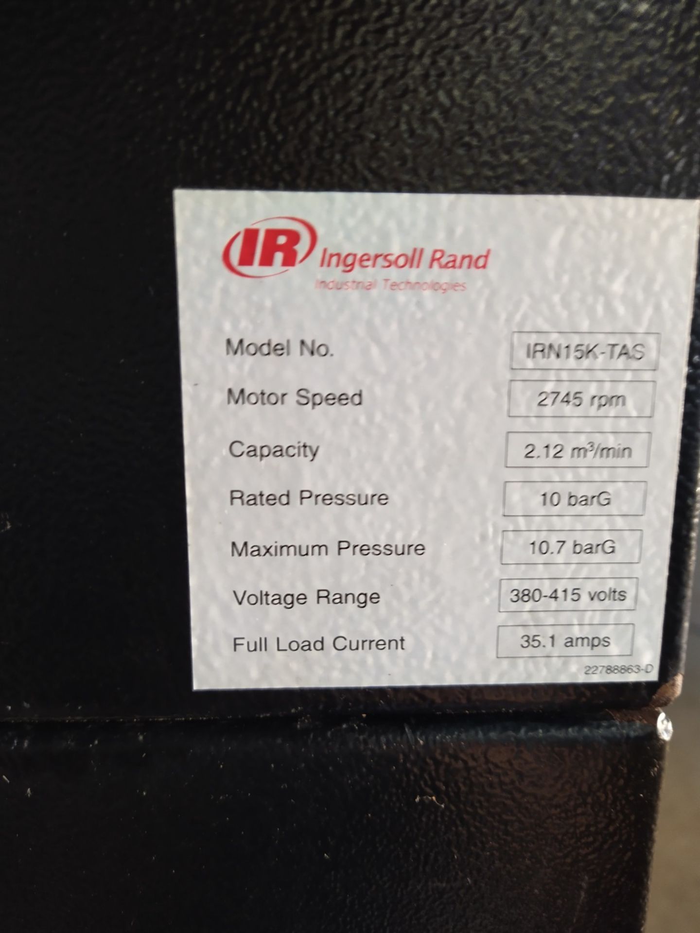 Ingersoll Rand IRN15K-TAS ROTARY SCREW AIR COMPRESSOR & DRYER, 500 litre, CFM: 41.0 - 87.0, Kw / Hp: - Image 5 of 6