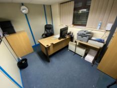 Contents of Office Furniture, including light oak veneered cantilever framed desk, leather effect