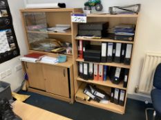 Glazed Front Cabinet, with light oak veneered shelving unit (lot located at Briscoe Lane, Newton