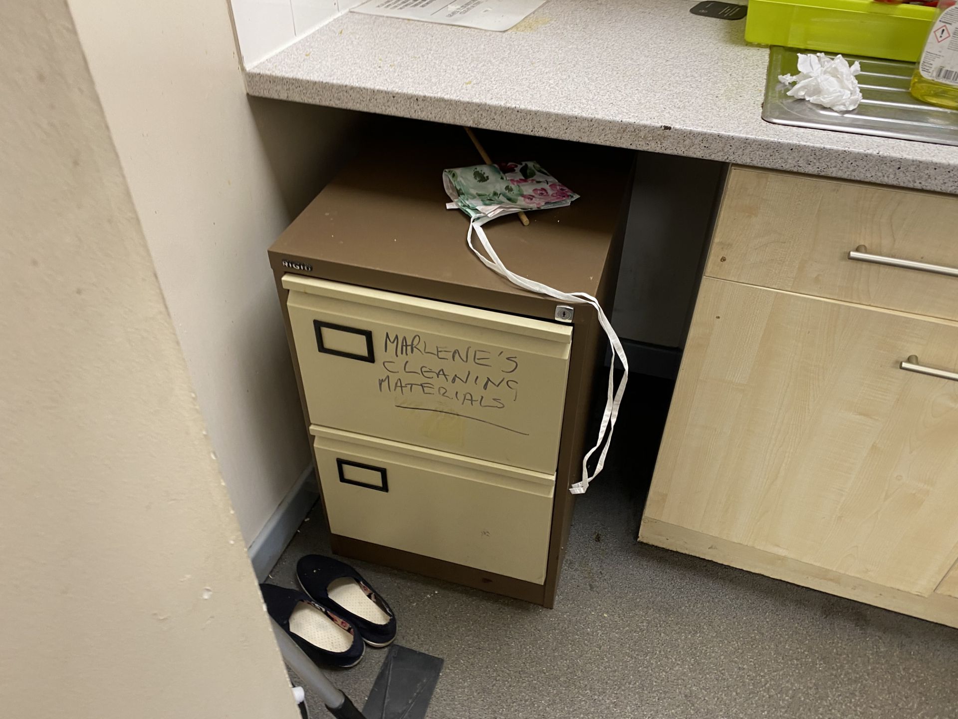 Contents of Canteen Area, including leather effect upholstered settee, steel framed table, two