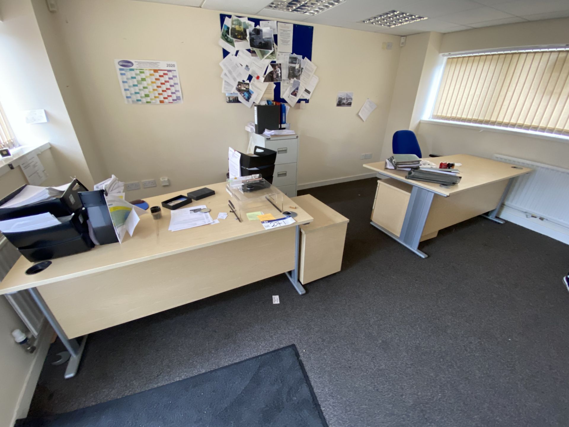 Two Light Oak Veneered Curved Front Cantilever Framed Desks, with fabric upholstered swivel