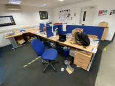 Island of Desks, comprising five oak veneered cantilever framed desks, three curved extension