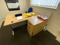 Light Oak Veneered Curved Front Cantilever Framed Desk, with desk pedestal and fabric upholstered