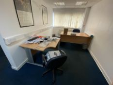 Contents of Offices, including two light oak veneered desks, curved cantilever framed desk, single