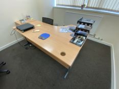 Contents of Office, including light oak veneered curved front cantilever framed desk, desk pedestal,